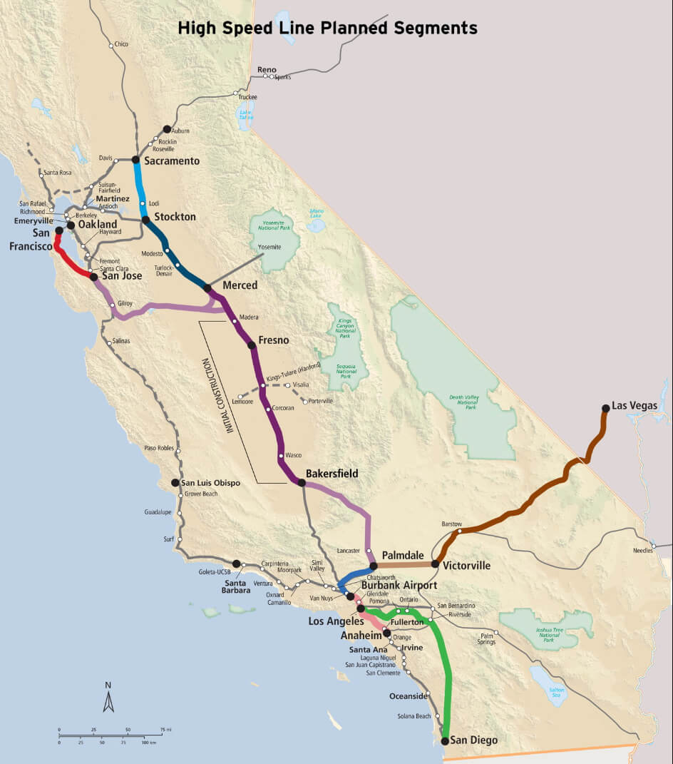 Carte des trains à grande vitesse de Californie